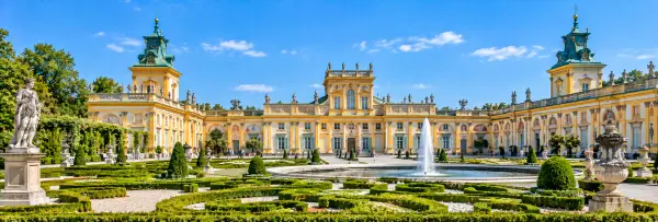 Wilanów Palace in Warsaw with its ornate Baroque façade and formal gardens