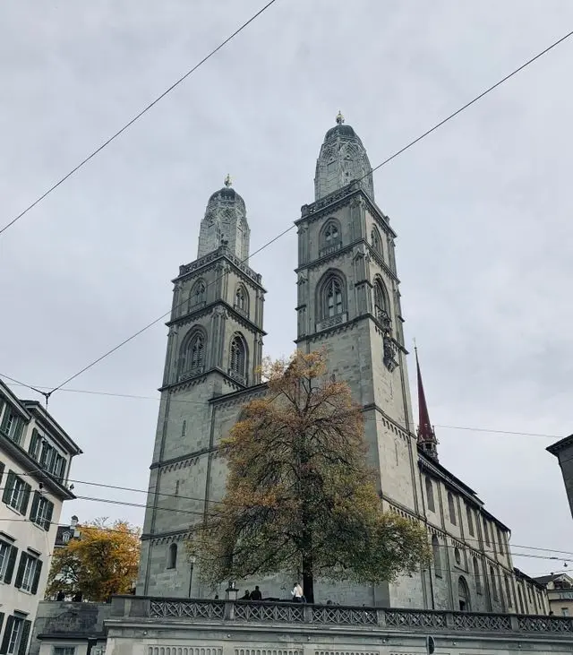 Grossmünster Zurich with its twin towers viewed from the street