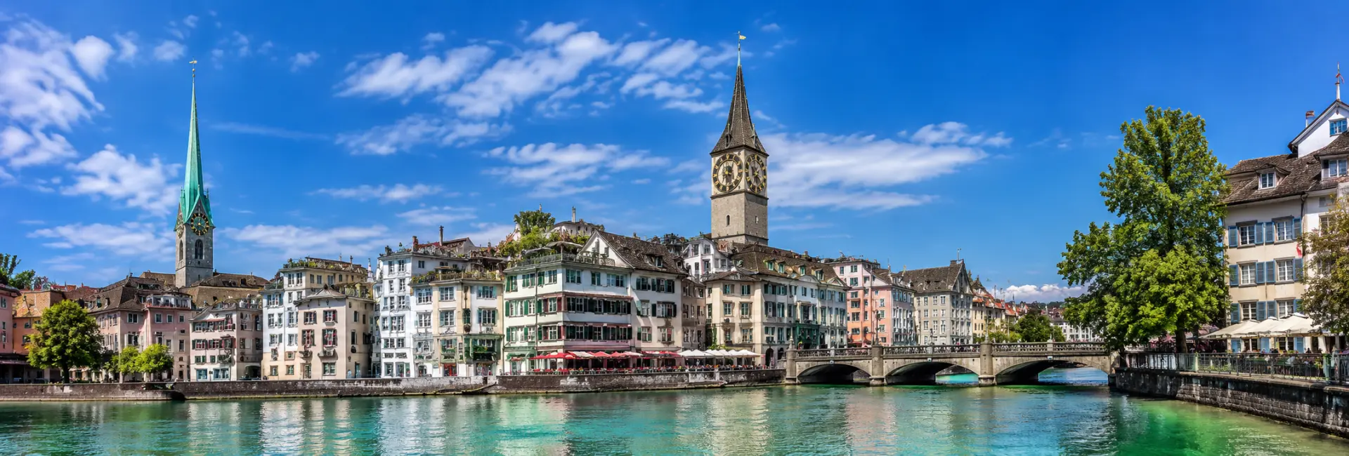 Old Town (Altstadt) Zurich with historic buildings, riverfront and church towers