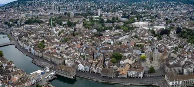 Aerial view of Zurich Old Town along the Limmat River and historic city center