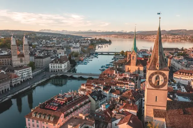 Aerial view of Zurich Old Town with the Limmat River and historic church towers
