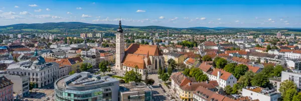 Sankt Pölten, Austria panoramic cityscape with historic church