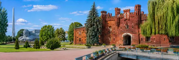 Brest Fortress in Belarus with its historic red-brick walls, Courage monument and Bayonet Obelisk