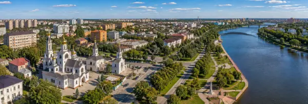 Homyel, Belarus skyline with the Sozh River, historic architecture, parks, and riverside promenade