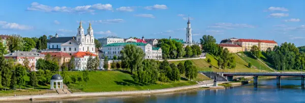 Panoramic view of Mogilev, Belarus, with historic churches, green parks and the Dnieper River