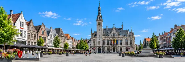 Aalst, Belgium Grote Markt with historic town hall, Belfry tower, cafés and Flemish architecture