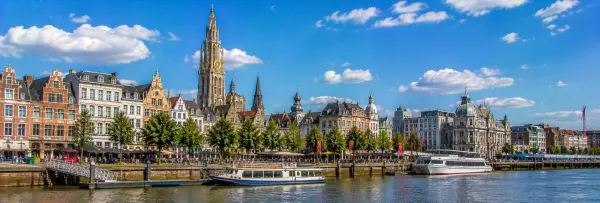 Antwerp Belgium skyline with Cathedral of Our Lady, historic buildings and Scheldt River
