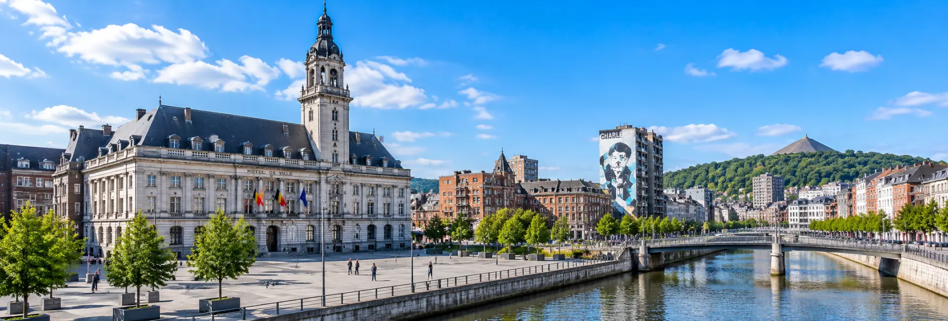Charleroi, Belgium, with the historic City Hall, Belfry, riverfront, and surrounding cityscape.