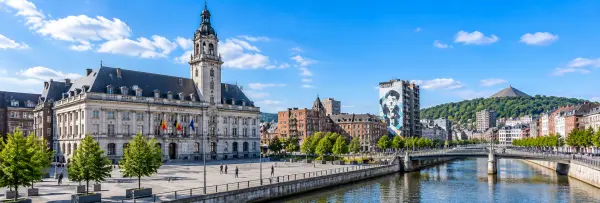 Charleroi, Belgium, with the historic City Hall, Belfry, riverfront, and surrounding cityscape.