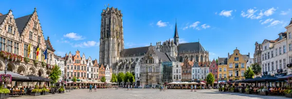 Mechelen, Belgium Grand Place with St. Rumbold’s Cathedral and historic guild houses