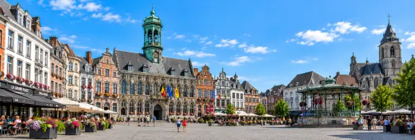 Mons, Belgium Grand Place with historic town hall, Gothic architecture, cafés and Belfry