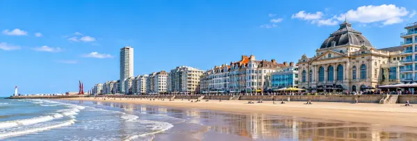 Ostend, Belgium beach with waterfront promenade, historic architecture and North Sea shoreline