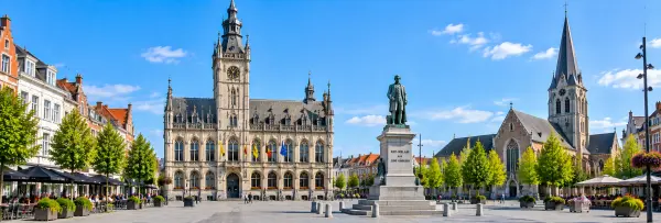 Sint-Niklaas, Belgium with its historic town hall, church tower and lively Grote Markt