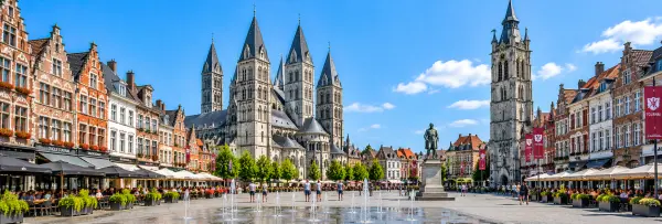 Tournai, Belgium Grand Place with Notre-Dame Cathedral, Belfry, historic buildings and cafés