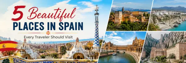 Barcelona and Madrid cityscape collage featuring Sagrada Família, Park Güell, and historic Madrid architecture