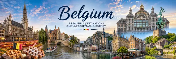 Belgium travel collage featuring Brussels, Bruges canals, Dinant, Antwerp and scenic historic architecture