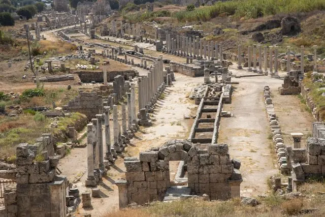 Ancient colonnaded street and ruins at Perge Archaeological Site near Antalya