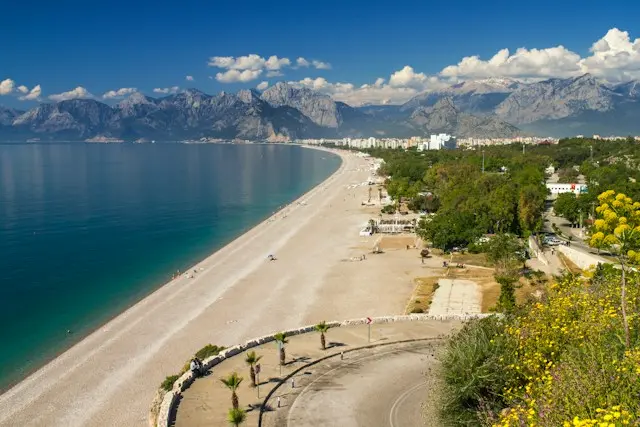 Konyaaltı Beach in Antalya with the Taurus Mountains in the background
