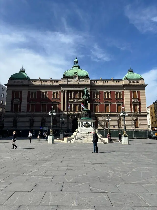 Republic Square in Belgrade, Serbia, featuring the National Museum and the equestrian statue of Prince Mihailo.