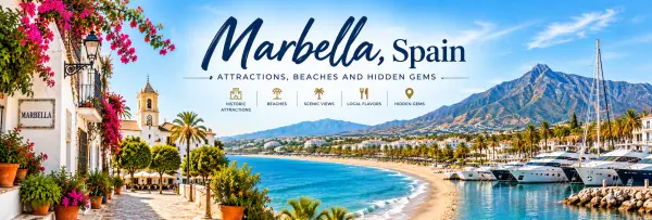 Marbella, Spain with whitewashed Old Town, Mediterranean beaches, yachts and La Concha mountain