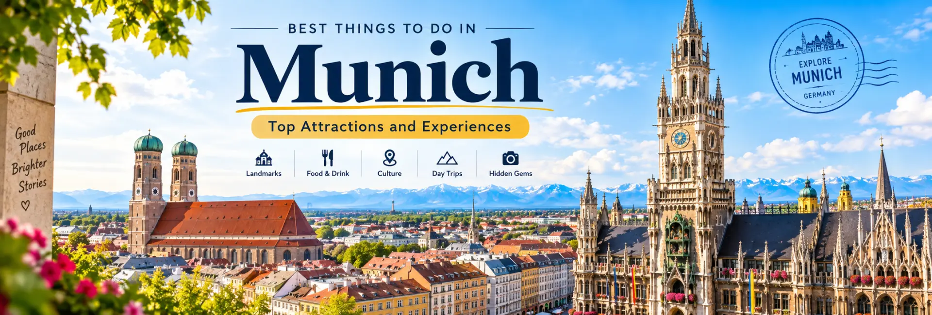 Munich cityscape featuring Frauenkirche, New Town Hall, and the Bavarian Alps