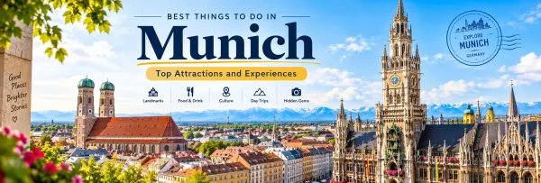 Munich cityscape featuring Frauenkirche, New Town Hall, and the Bavarian Alps