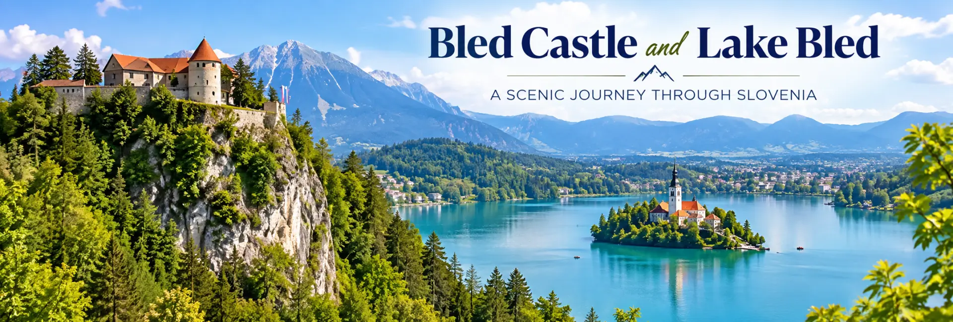 Bled Castle overlooking Lake Bled and the island church with the Julian Alps in the background, Slovenia