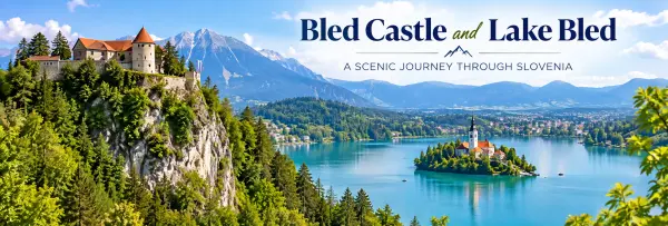 Bled Castle overlooking Lake Bled and the island church with the Julian Alps in the background, Slovenia