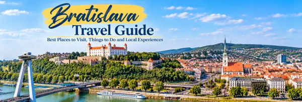 Bratislava travel guide banner featuring Bratislava Castle, the Danube River, UFO Bridge and historic Old Town.