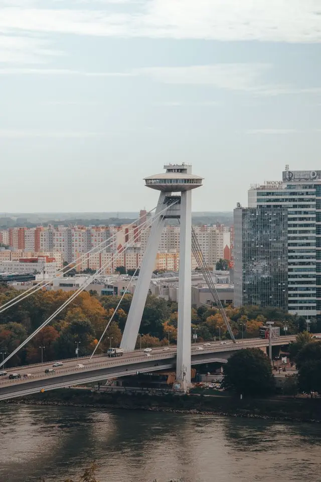 UFO Observation Deck atop the SNP Bridge in Bratislava, Slovakia, overlooking the Danube River and city skyline.