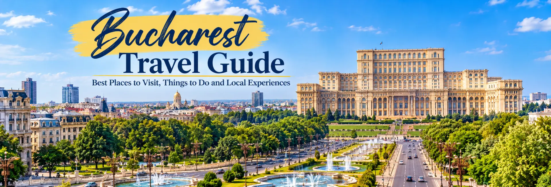 Bucharest travel guide banner featuring the Palace of Parliament and panoramic city views in Romania.