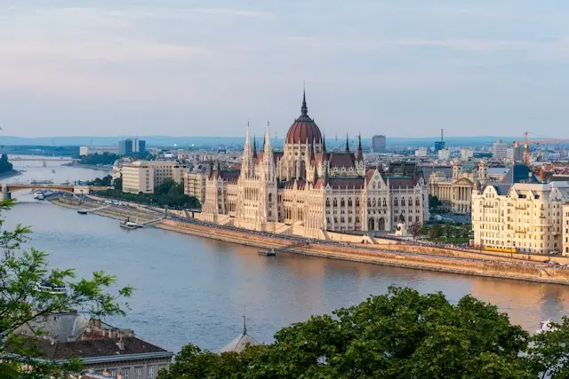 Budapest Parliament Building overlooking the Danube River in Budapest, Hungary
