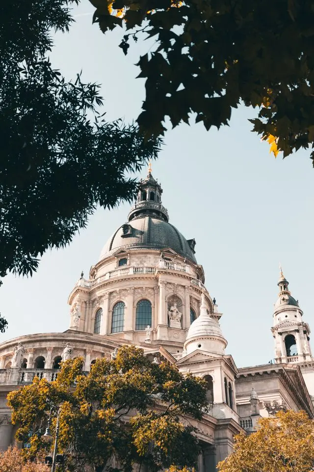 St. Stephen’s Basilica dome framed by trees in Budapest, Hungary
