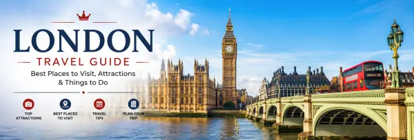 London Travel Guide banner featuring Big Ben, Westminster Palace, Westminster Bridge and a red double-decker bus.