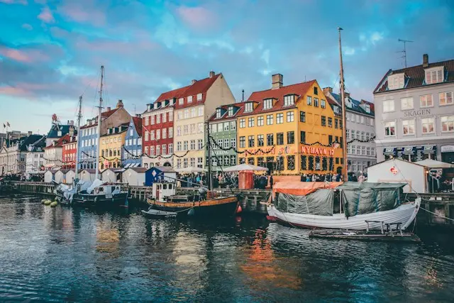 Colorful buildings and boats at Nyhavn in Copenhagen