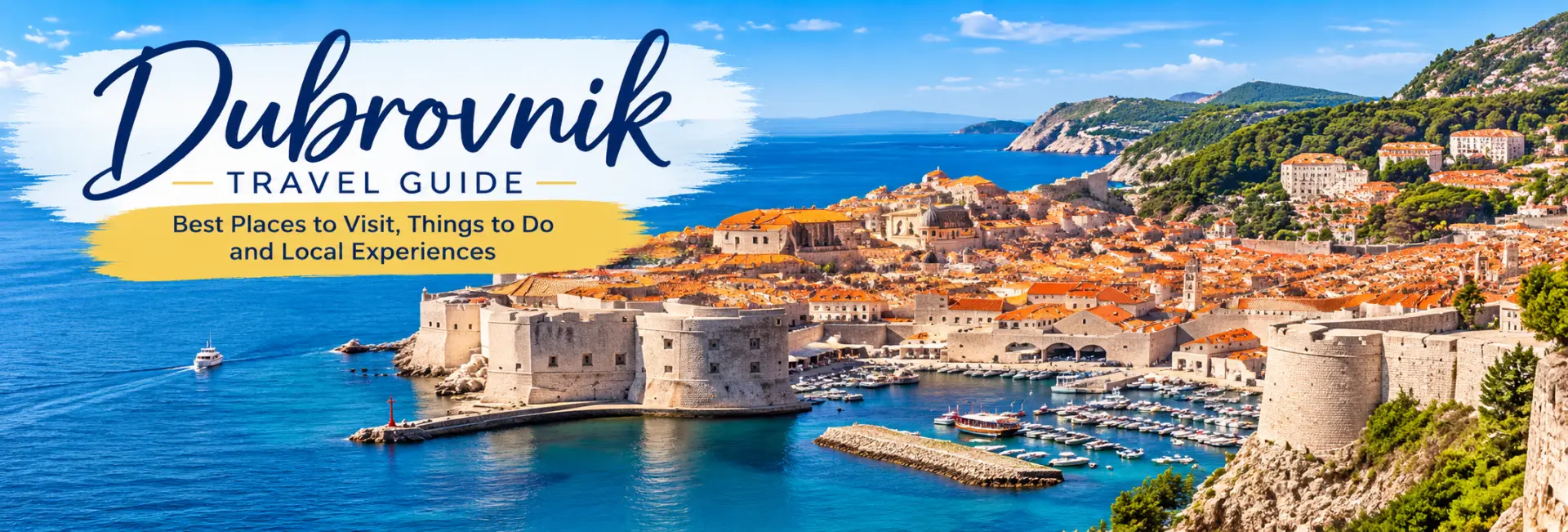 Dubrovnik Travel Guide featuring historic Old Town, medieval city walls, red rooftops and the Adriatic Sea in Croatia.