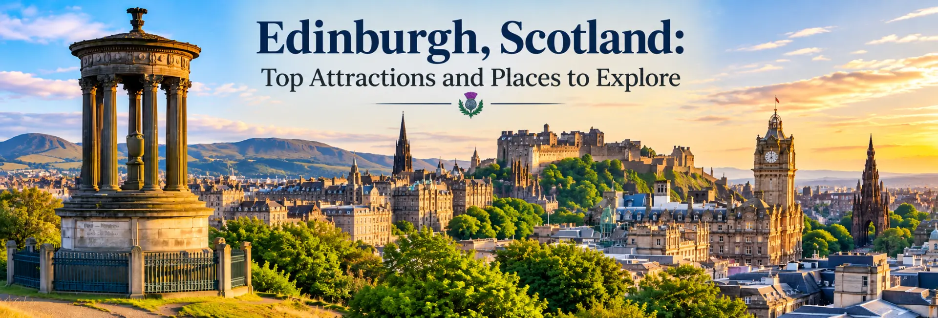 Edinburgh skyline with Edinburgh Castle, historic Old Town and Calton Hill at sunset