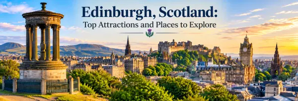 Edinburgh skyline with Edinburgh Castle, historic Old Town and Calton Hill at sunset