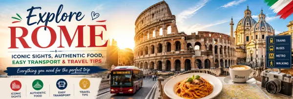 Rome travel banner featuring the Colosseum, historic landmarks, Italian food, public transport, and travel essentials.