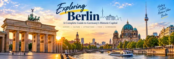 Berlin travel guide featuring Brandenburg Gate, Berlin Cathedral, and Fernsehturm at sunset