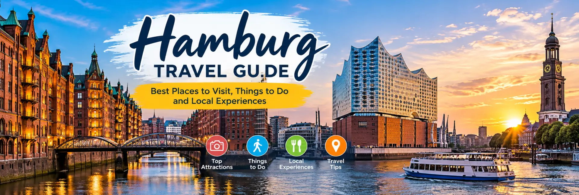 Hamburg travel guide featuring Speicherstadt, Elbphilharmonie and scenic harbour views at sunset.