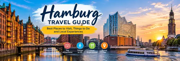 Hamburg travel guide featuring Speicherstadt, Elbphilharmonie and scenic harbour views at sunset.