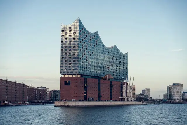 Elbphilharmonie concert hall overlooking Hamburg's waterfront and harbour.