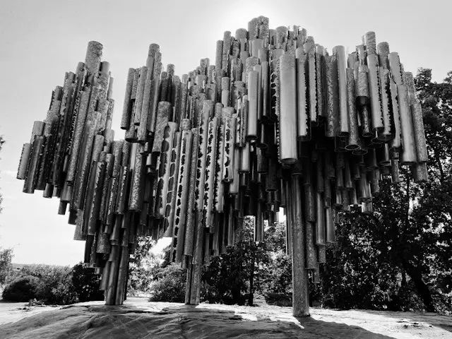 Sibelius Monument in Helsinki, featuring hundreds of steel pipes arranged in an abstract sculpture.