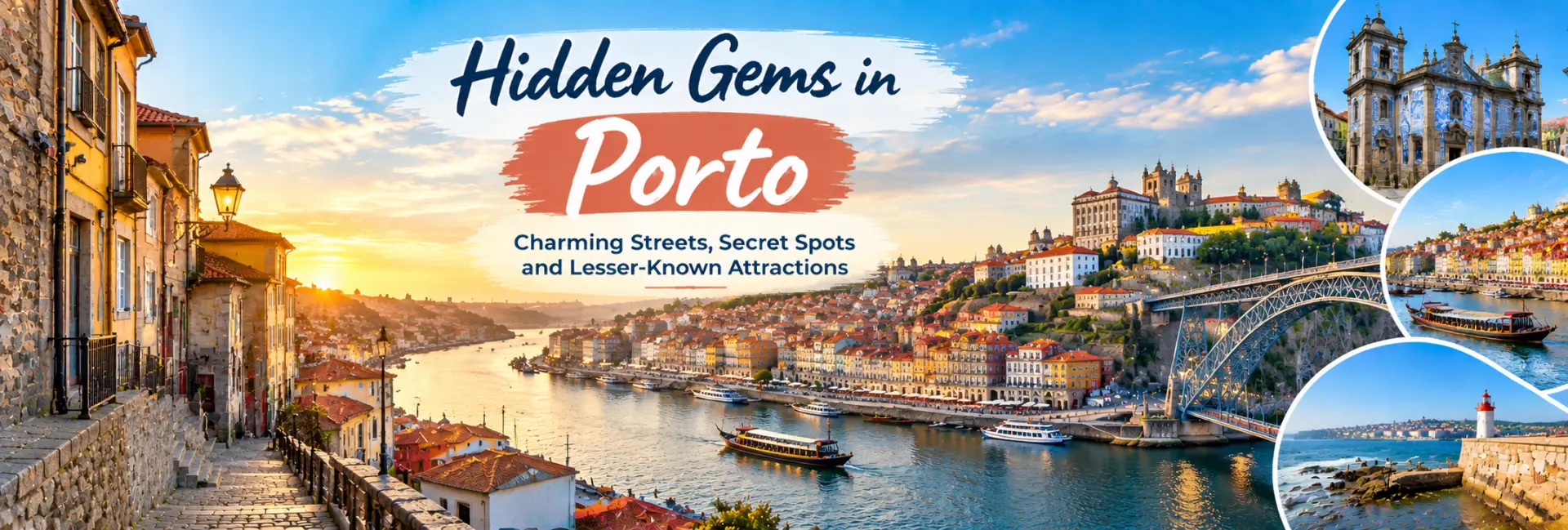 Hidden gems in Porto featuring charming streets, the Douro River, Dom Luís I Bridge and scenic coastal views.