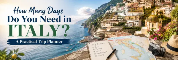 Italy travel planning banner featuring the Amalfi Coast, itinerary map, notebook, camera, and travel essentials.