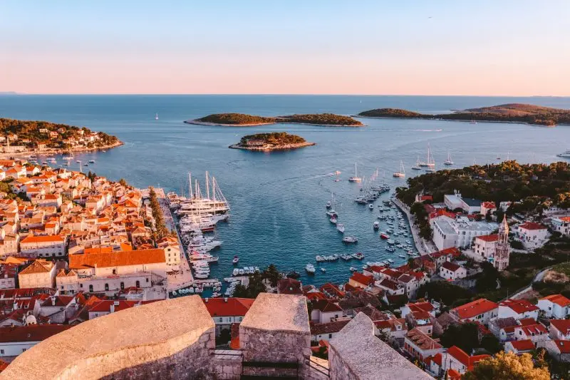 Panoramic aerial view of Korčula Island harbor and Adriatic coastline in Croatia