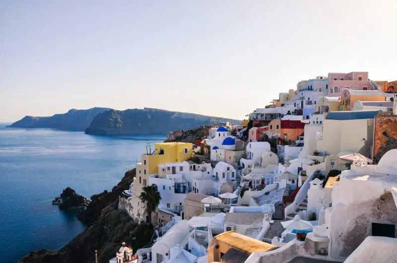 Whitewashed buildings overlooking the Aegean Sea in Santorini, Greece