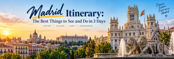 Madrid itinerary featuring the Royal Palace, Palacio de Cibeles, and Cibeles Fountain at sunset