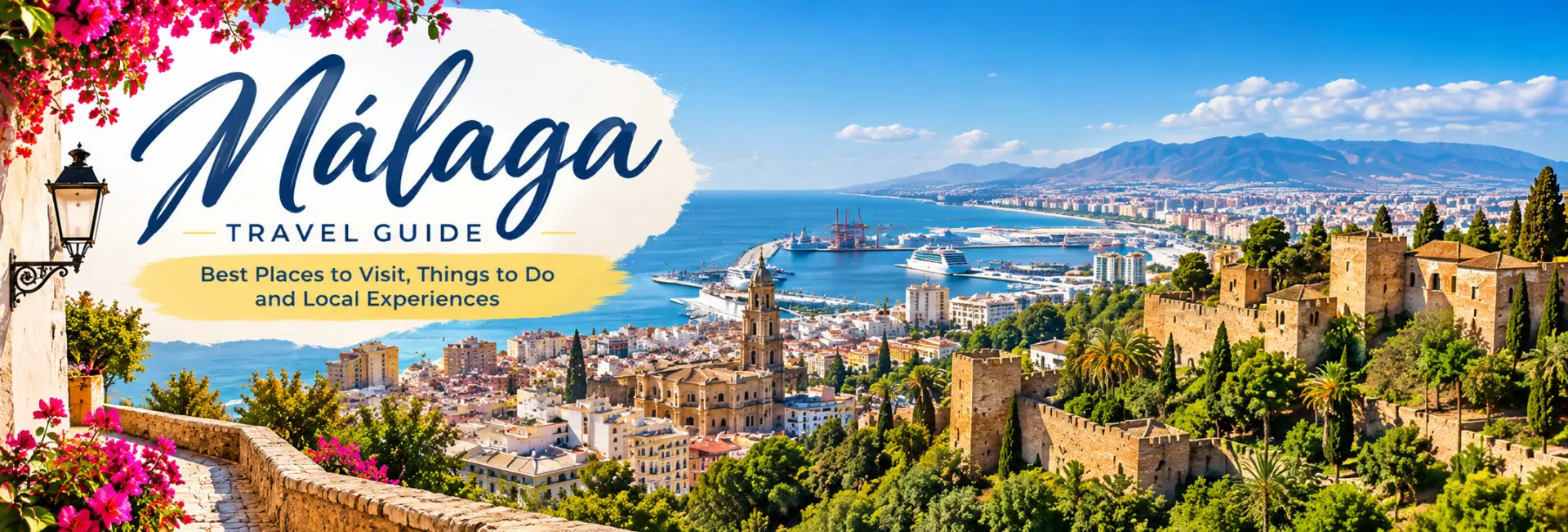 Málaga Travel Guide featuring the Alcazaba fortress, historic city skyline, Mediterranean coastline and harbor in Spain.